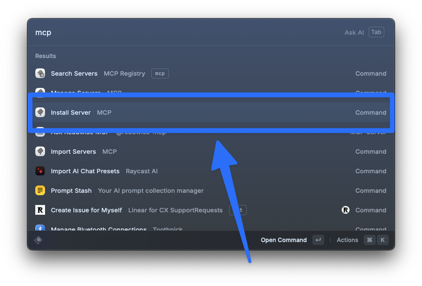Search for the Install Server command in Raycast.