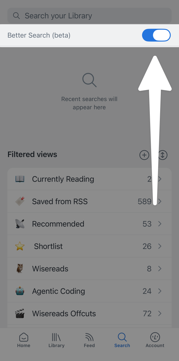 Better Search (beta) toggle below the search field in the Reader mobile app.