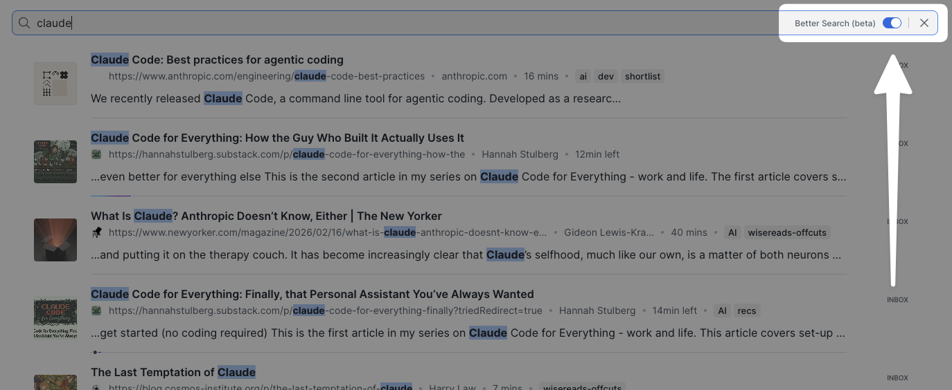 Better Search (beta) toggle at the right end of the search bar in the Reader web app.