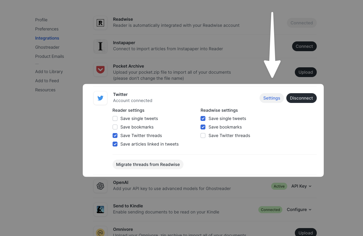 Twitter settings expanded on the Reader Integrations page.