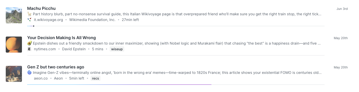 Progress bars of three partially read documents in the Reader document list.