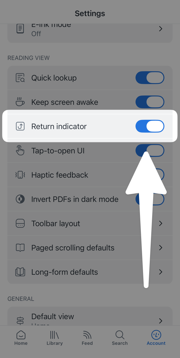 The Return indicator toggle in the Reading View section of the Reader mobile app settings.