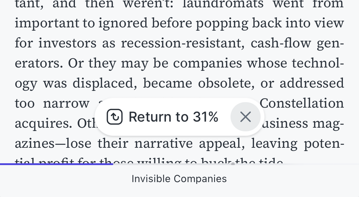 The Return to 31% button in the Reader mobile app reading view.