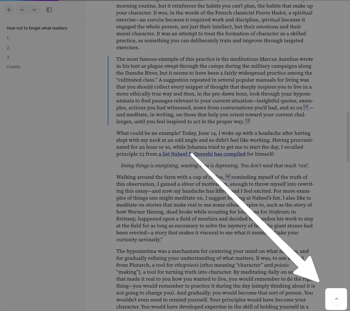 The return arrow button in the bottom right corner of the Reader web app reading view.