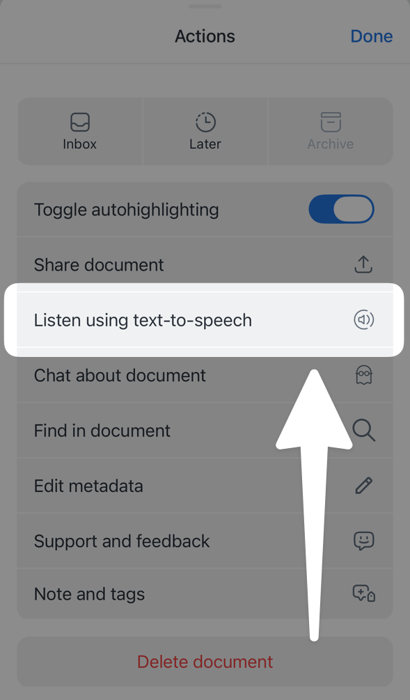Actions menu in long-form reading mode with the Listen using text-to-speech option highlighted.