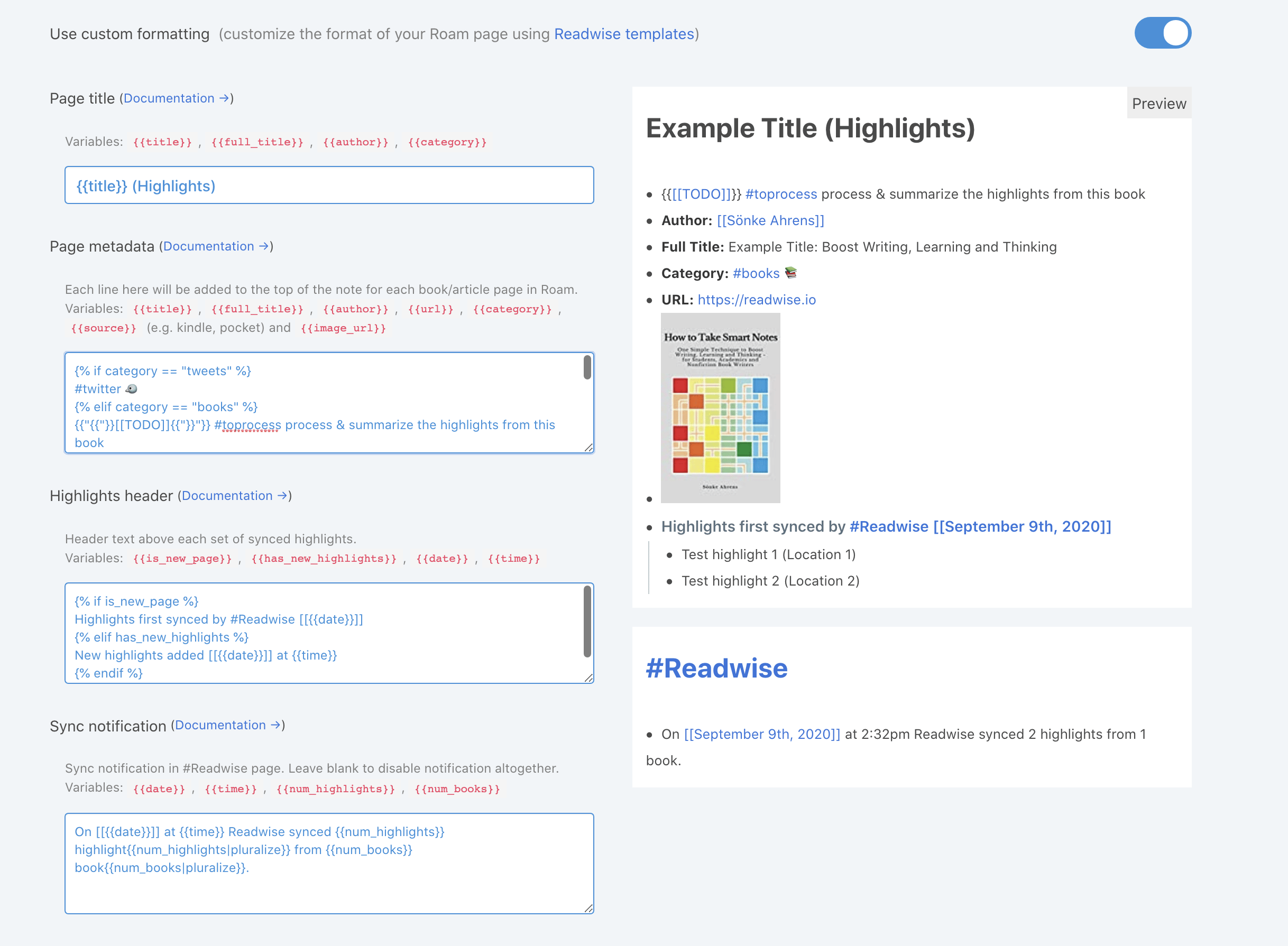 Roam integration customization page in Readwise