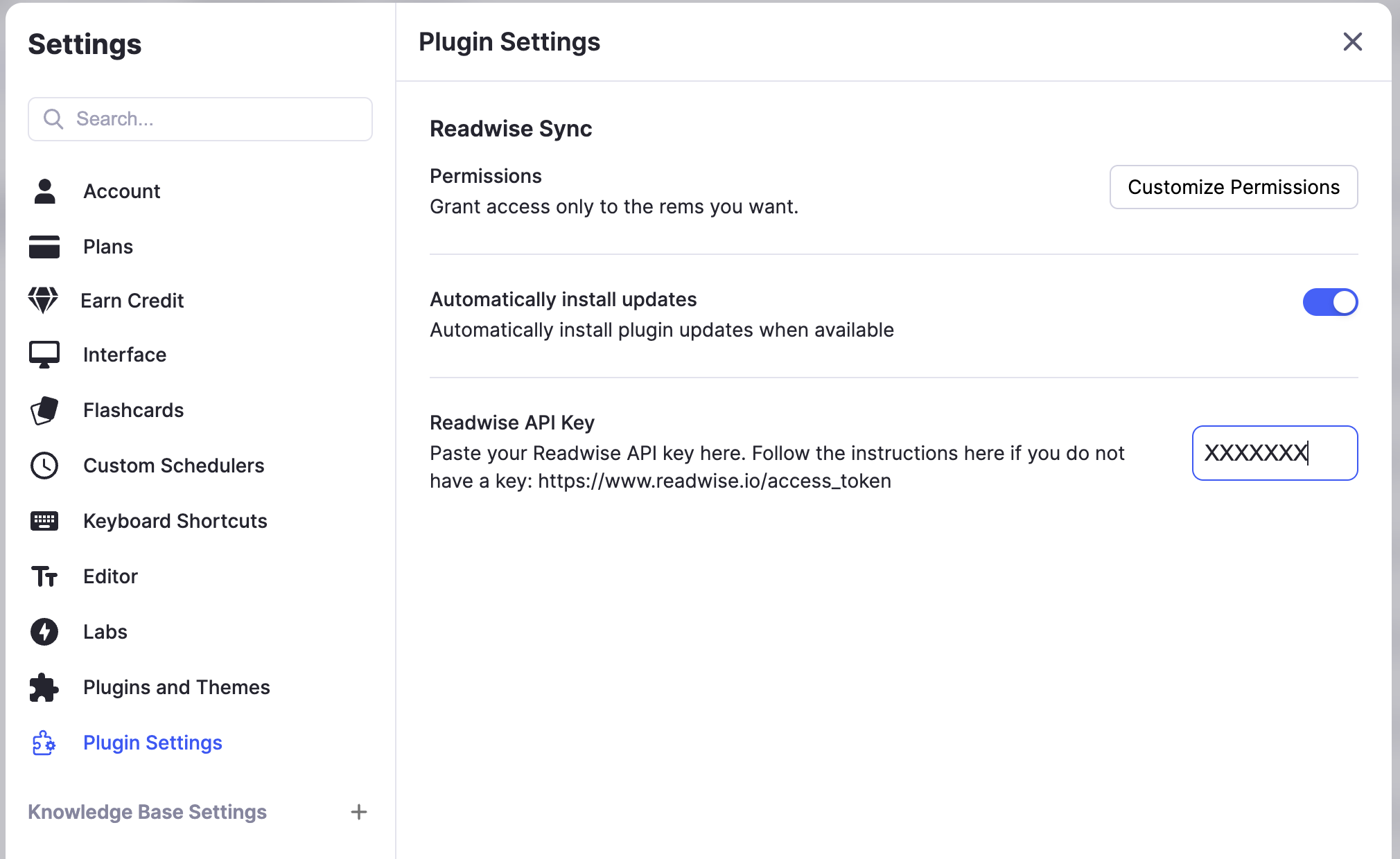 RemNote plugin settings.