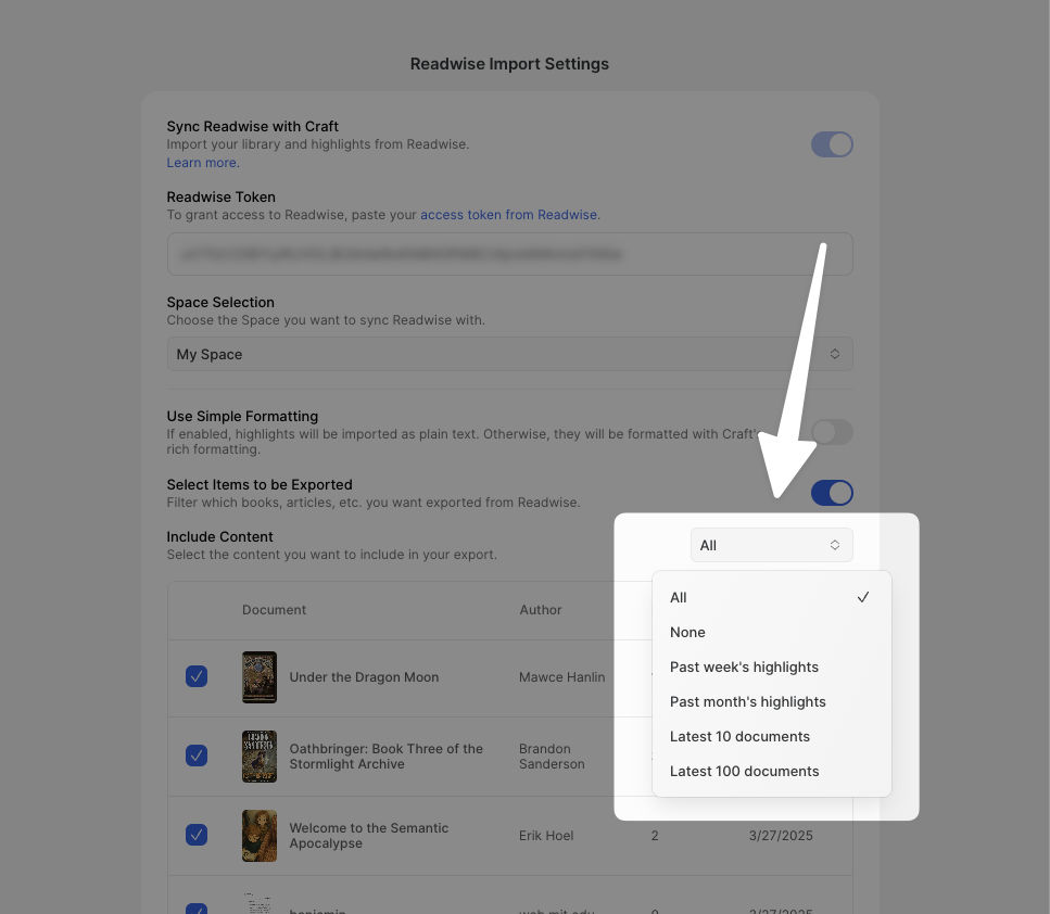 Select the documents to sync to Craft.