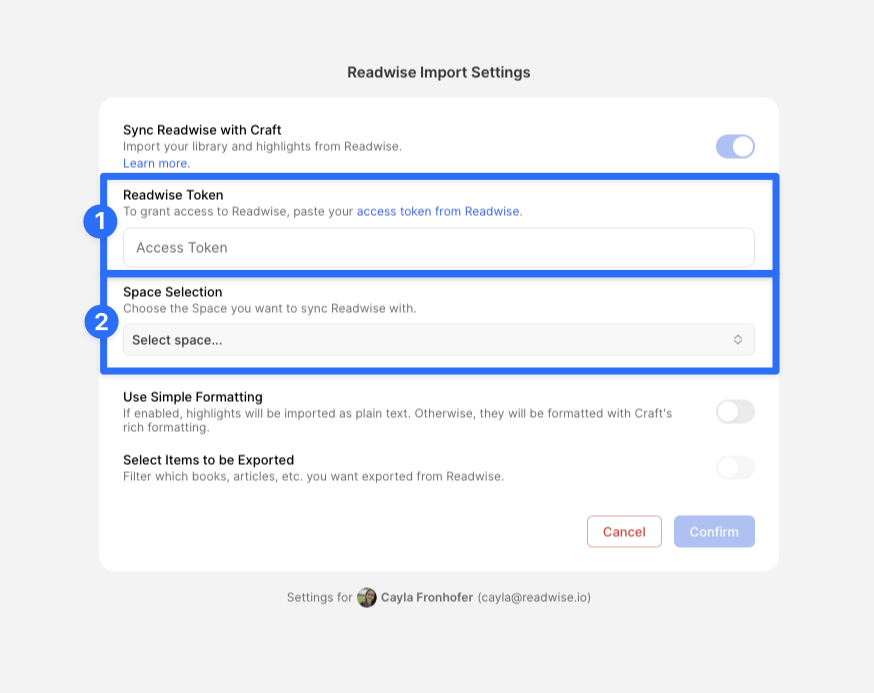 Setup options for Readwise to Craft integration.