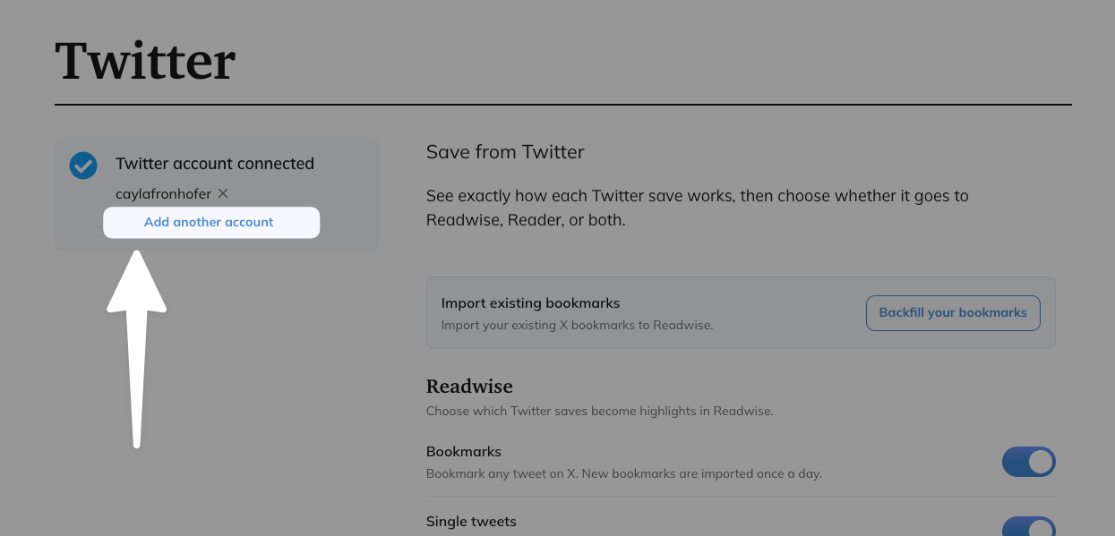 Add another account button on the Twitter settings page.