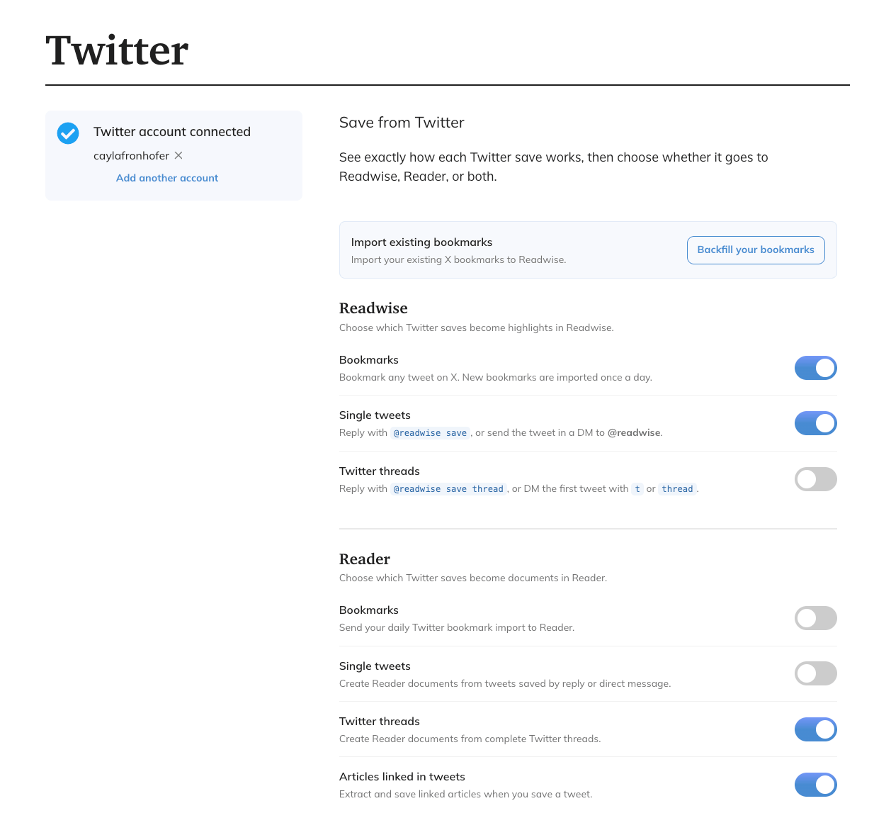 Twitter settings page with save toggles organized into Readwise and Reader sections.