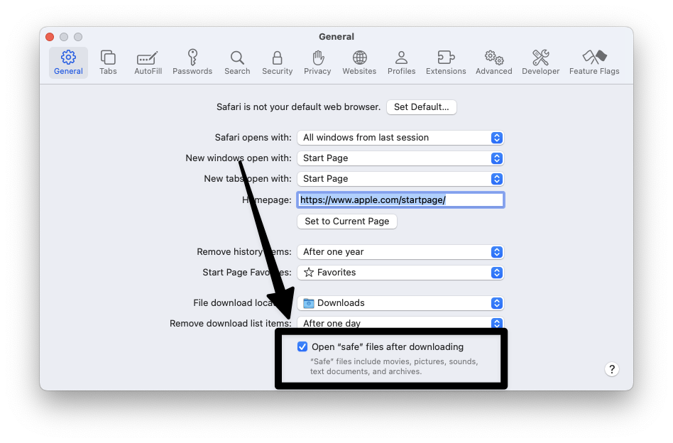 Turn off the option to automatically open downloaded files in Safari.