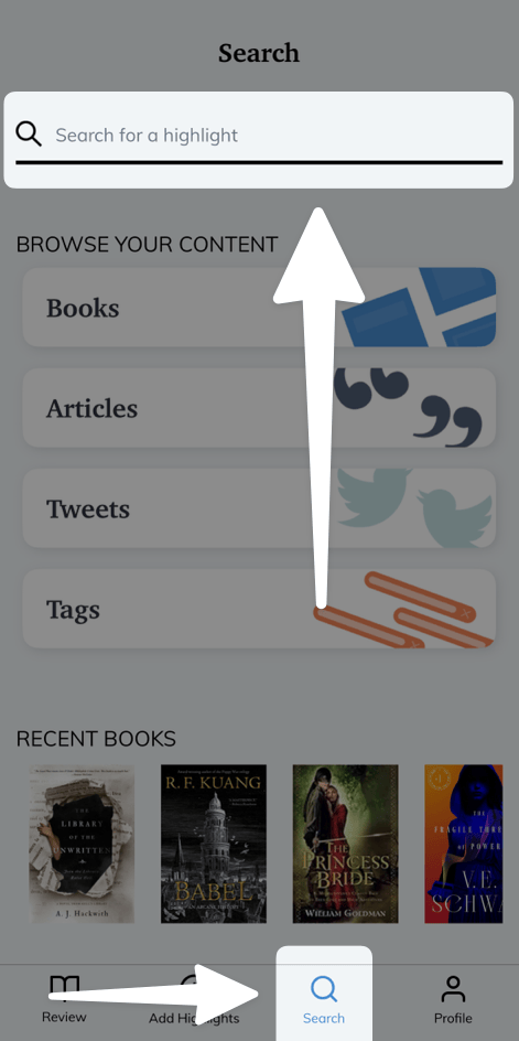 Search for highlights in Readwise on mobile.