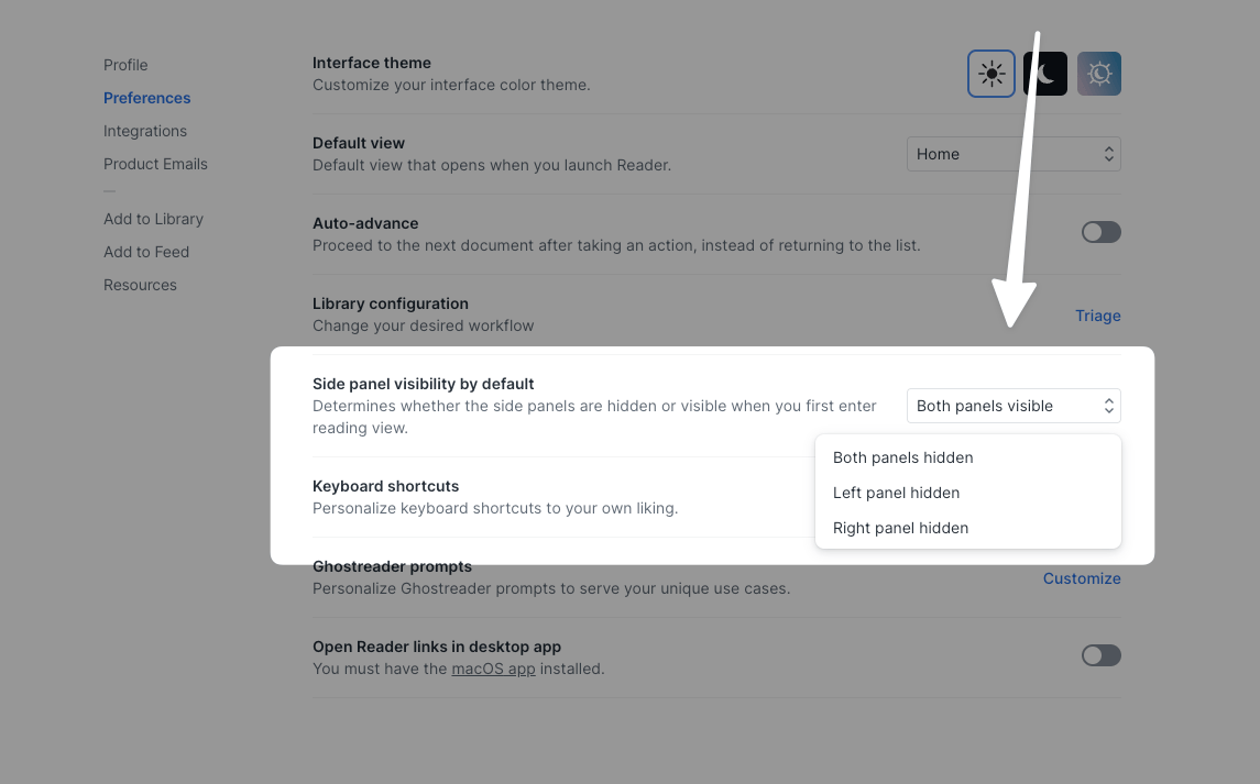 Settings for side panel visibility.