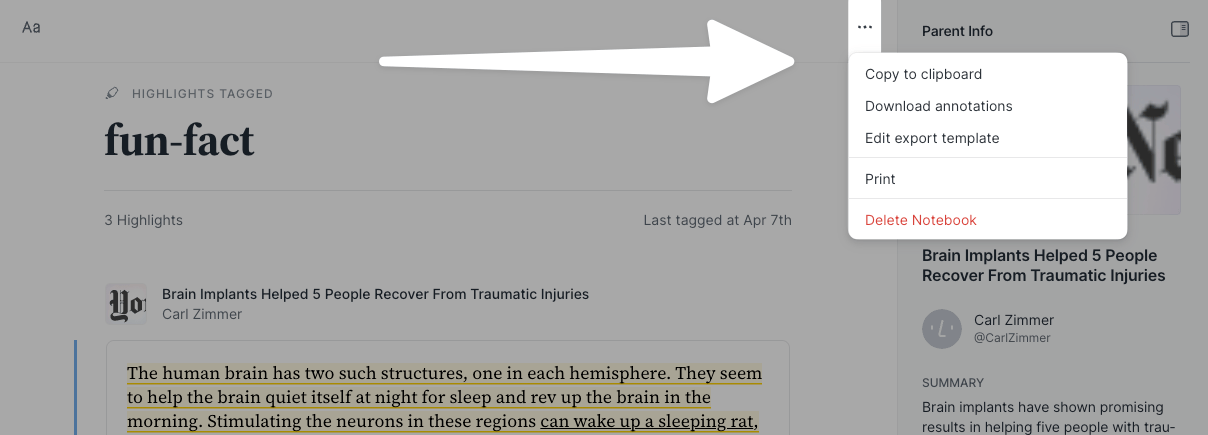 Copy, export, or print your tagged highlights.