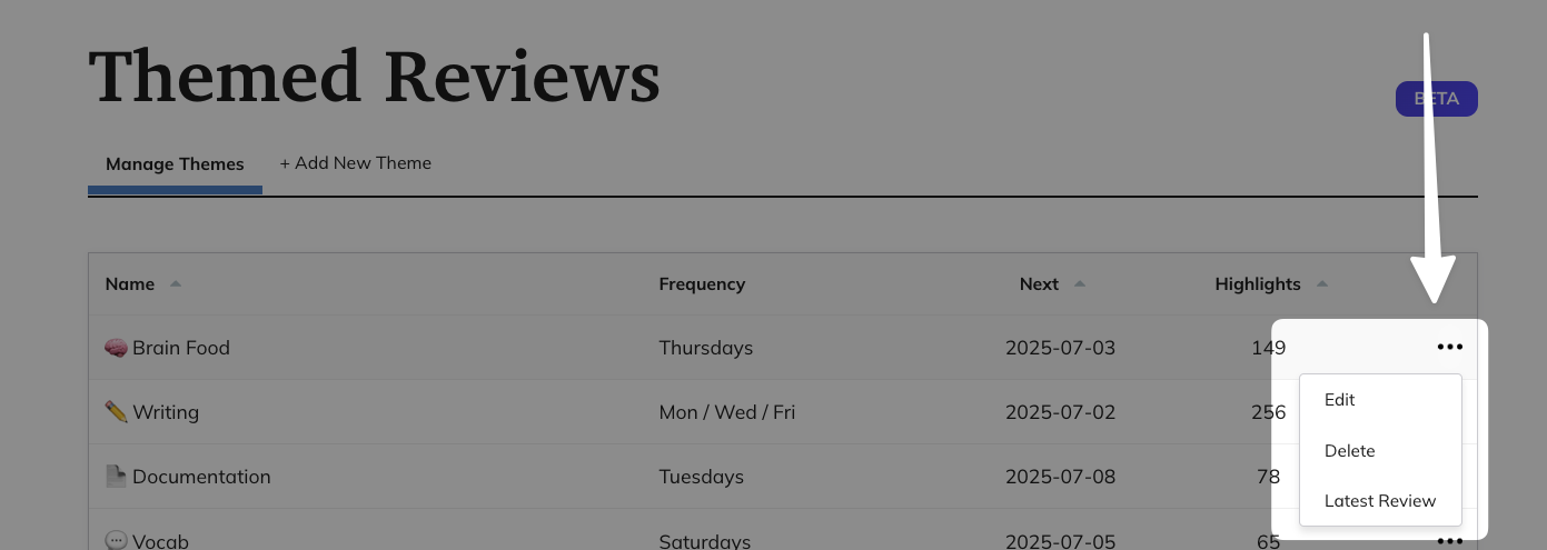 Click into the actions menu of a Themed Review.