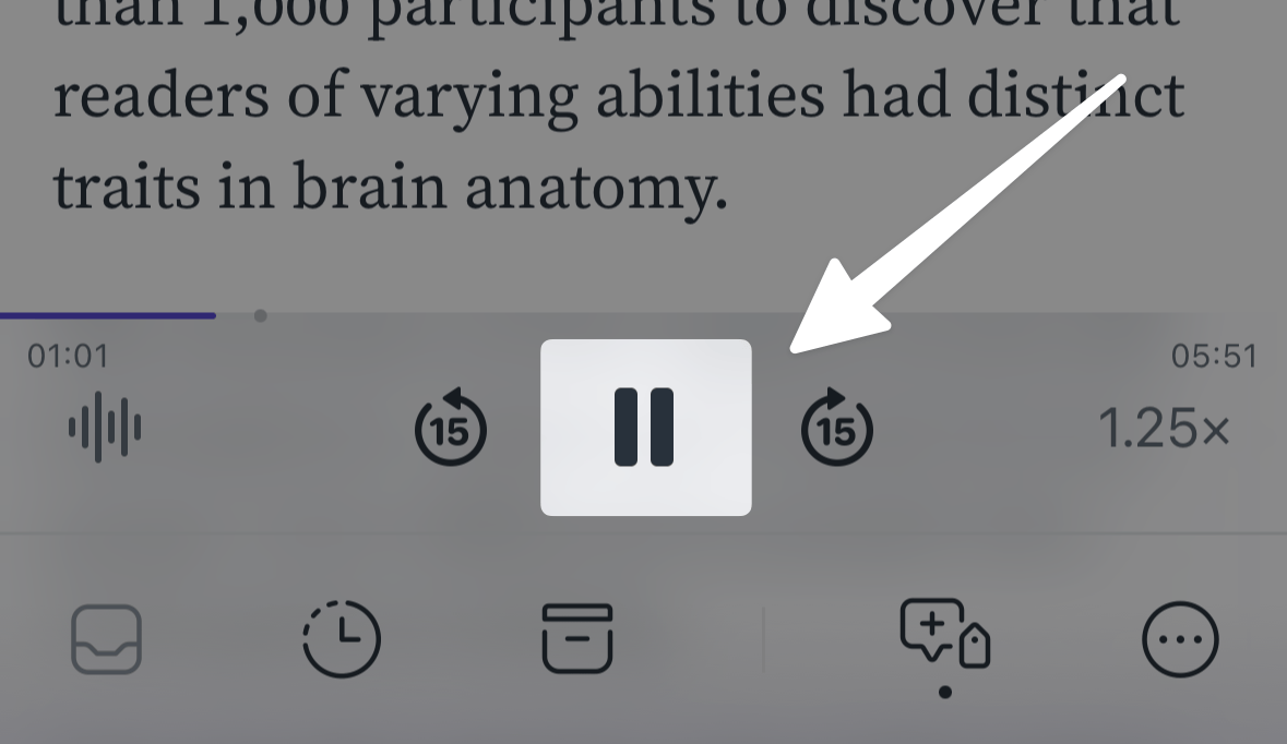 Pause text-to-speech from the audio control bar.