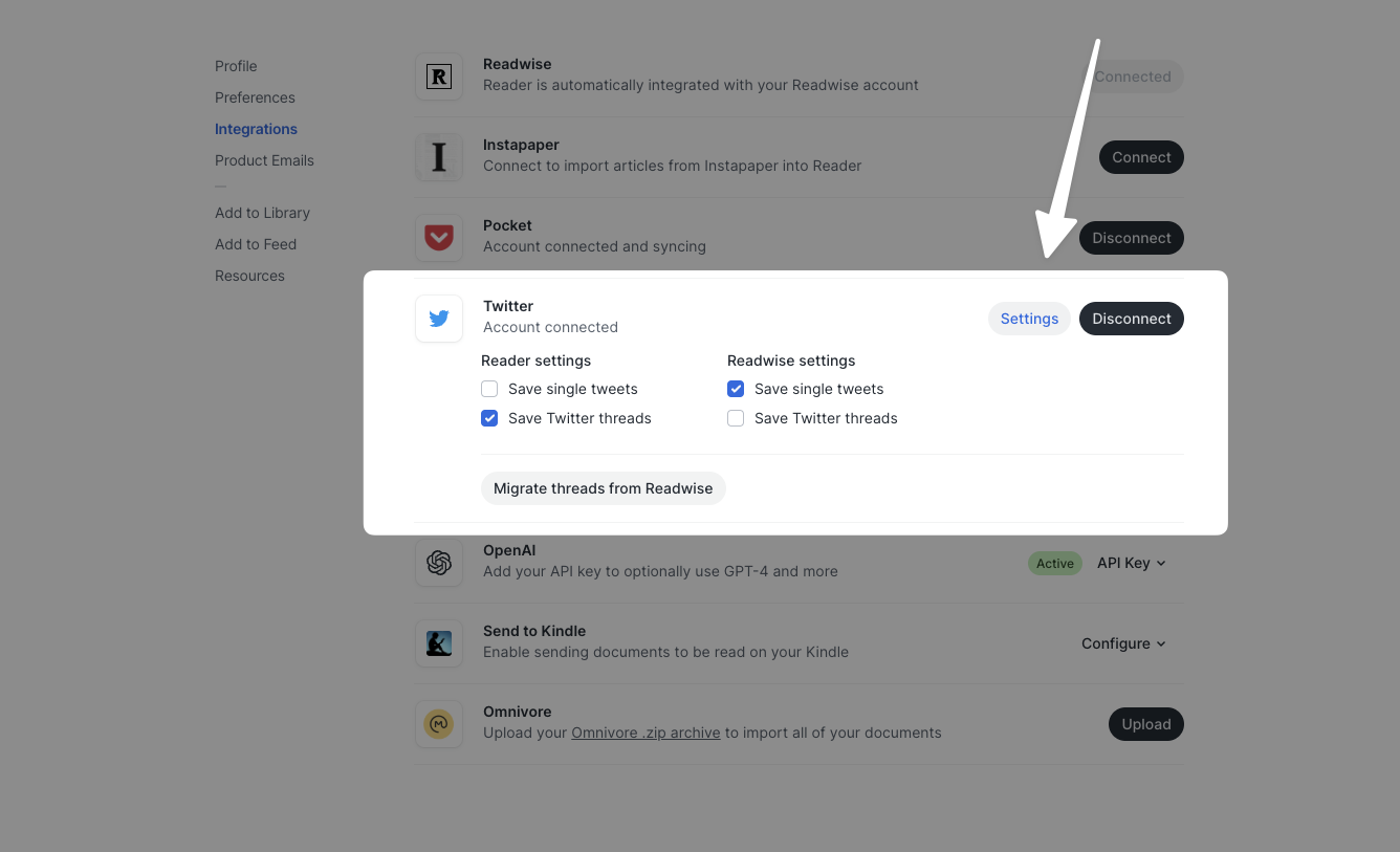 Twitter settings in Reader.