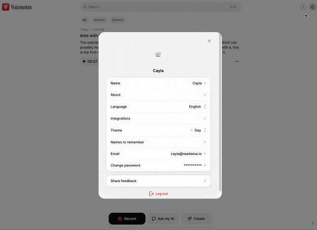 Select Readwise from the Voicenotes integration options.