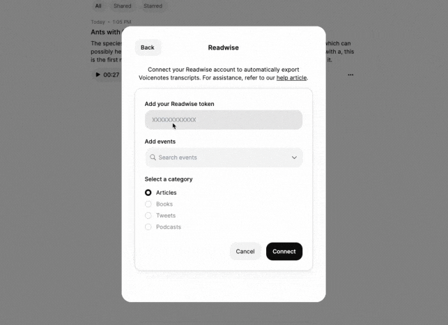 Configure the Voicenotes to Readwise integration.